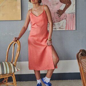 Ghanda Bright Coral 100% Linen Dress, women’s, midi, size S